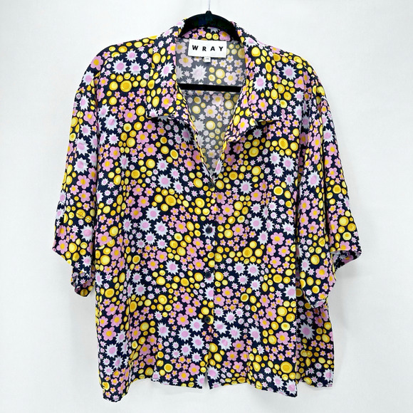 Wray NYC Retro Blouse Size 2XL Button Up Black Floral Stars Mod Twee Sustainable - Picture 1 of 11